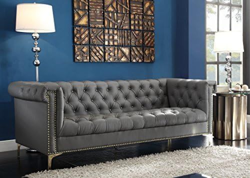 Iconic Home Grey Winston PU Button Tufted with Trim Gold Tone Metal Y-shaped Feet Sofa | Amazon (US)