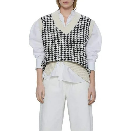 Women Houndstooth Pattern Knit Sweater Vest Sleeveless Loose V-Neck 90s Waistcoat Pullover Knitwear Top | Walmart (US)
