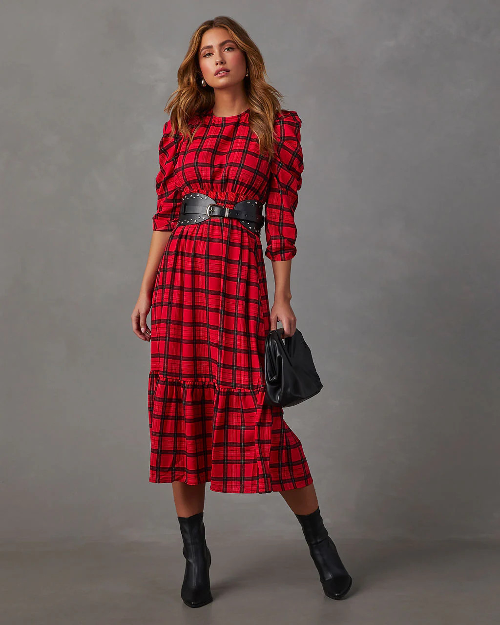 Mickey Plaid Puff Sleeve Midi Dress | VICI
