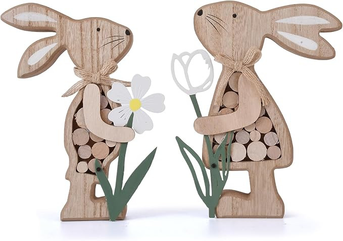 2Pcs Easter Decorations for Home,Farmhouse Rustic Wooden Bunny with Metal flower Tiered Tray Deco... | Amazon (US)