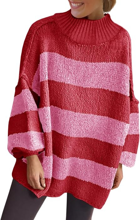 Saodimallsu Womens Oversized Striped Chunky Sweater Mock Neck Knit Tops | Amazon (US)