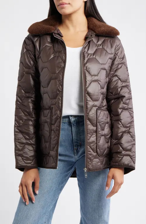 Sam Edelman Wide Hexagon Quilted Coat with Removable Faux Fur Collar in Chocolate at Nordstrom, Size Medium | Nordstrom