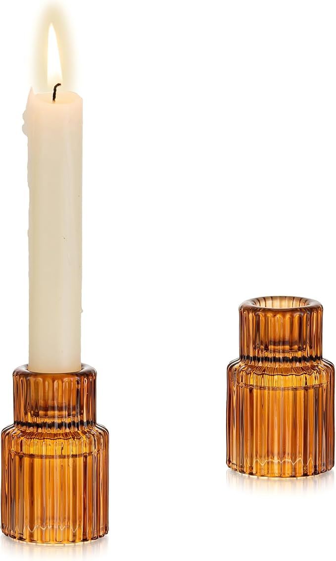 Glasseam Glass Tapered Candlestick Holders: Amber Taper Candle Holders Set of 2 Ribbed Small Cand... | Amazon (US)