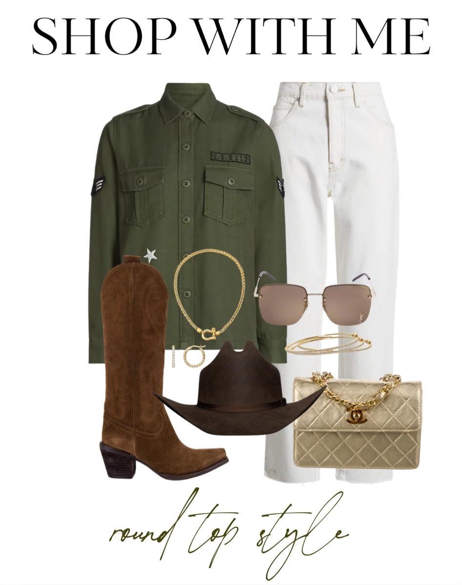 Round Top outfit inspo, military jacket styling, Frame Denim, Rails, fall fashion, western boot styling, Jeffrey Campbell, YSL, Tecovas, Amazon

#LTKshoecrush #LTKstyletip