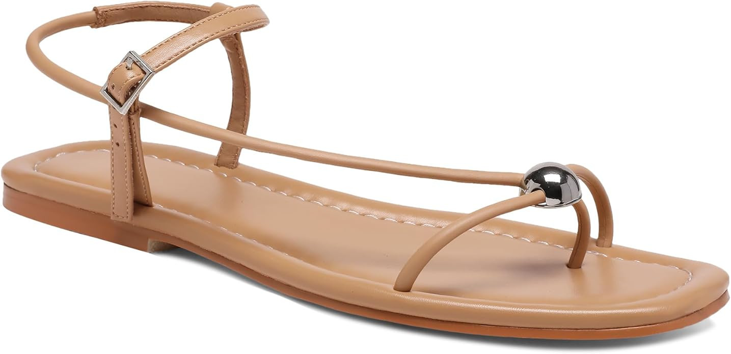 Black Flat Sandals for Women with Buckle Strappy Comfortable Silver Ball Square Open Toe Beach Th... | Amazon (US)