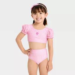 Toddler Girls' 2 pc Gingham Seashell Puff Sleeve Bikini - Cat & Jack\u2122 Pink 4T | Target