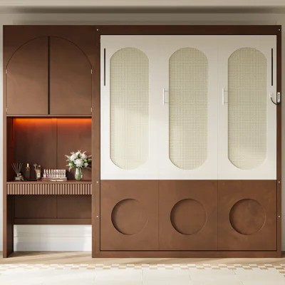 Queen Murphy Bed with Side Storage Cabinet, LED, Built-In Desk & Drawers, Walnut+Beige | Wayfair North America