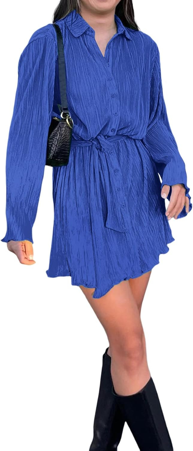 LYANER Women's Collar V Neck Button Down Pleated Long Sleeve Mini Shirt Dress with Belt | Amazon (US)