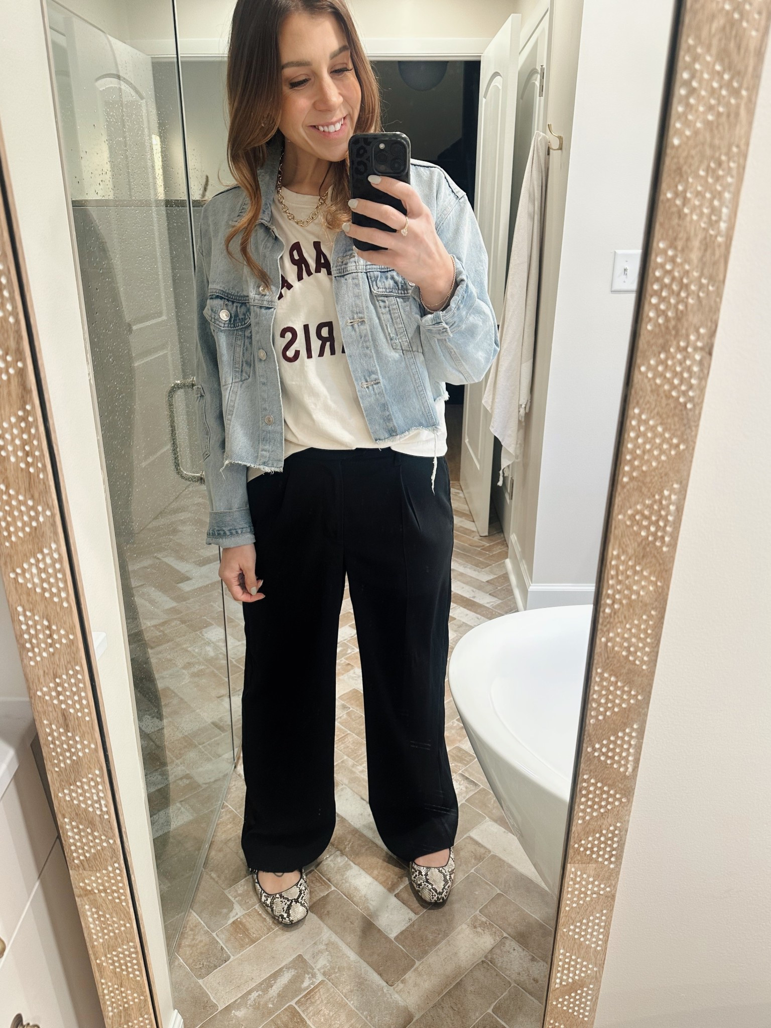Spring transition is hard in Wisconsin, but this works.  
Tee- L 
Pants- 8 
Jacket- M 

#LTKFindsUnder50 #LTKStyleTip #LTKSeasonal
