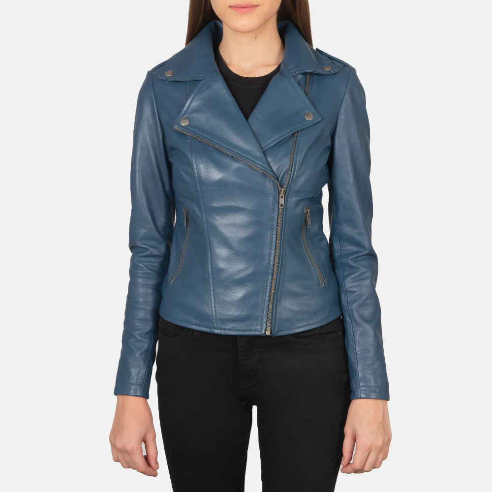 Women's Flashback Blue Leather Biker Jacket | The Jacket Maker