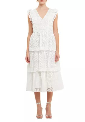 Endless Rose Women's Lace Tiered Midi Dress, White, XS | Belk