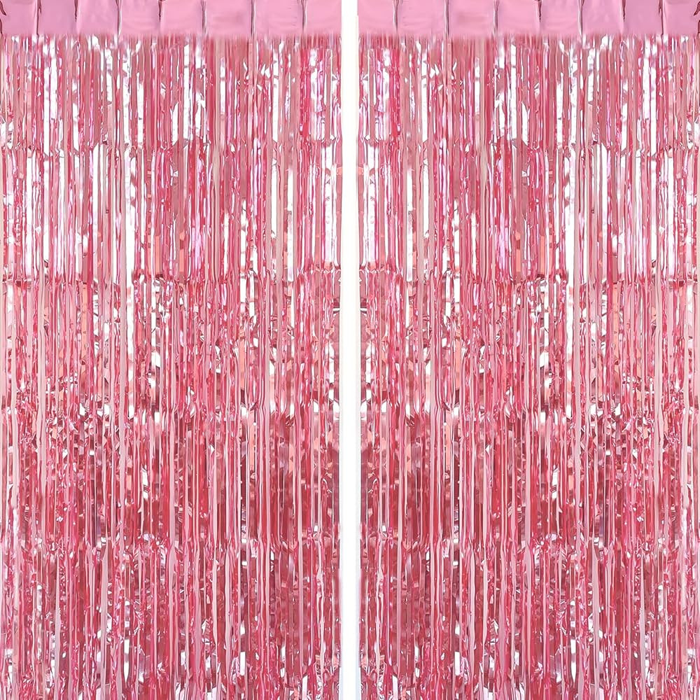 CHRORINE 2pcs 3ft x 8.3ft Pink Tinsel Foil Fringe Curtains Streamers Backdrop for Pink Party Birt... | Amazon (US)