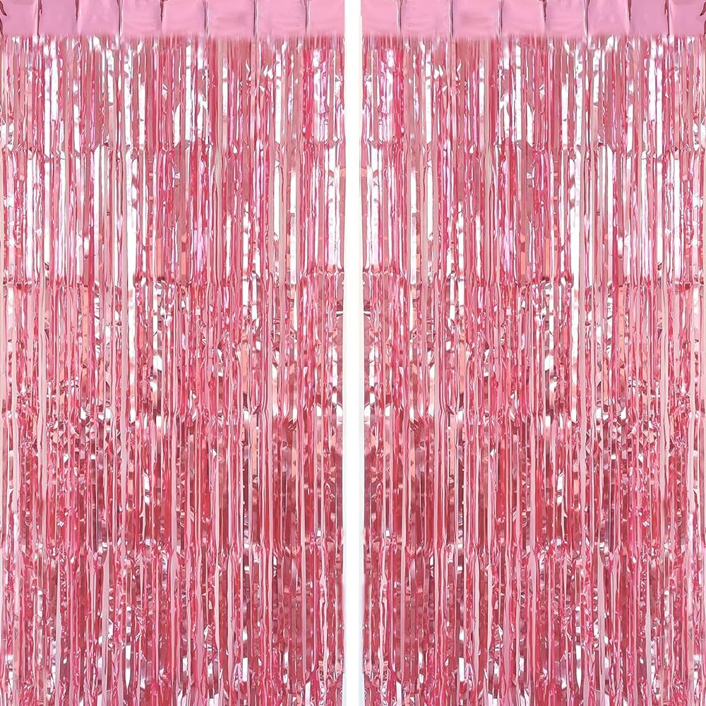 CHRORINE 2pcs 3ft x 8.3ft Pink Tinsel Foil Fringe Curtains Streamers Backdrop for Pink Party Birt... | Amazon (US)