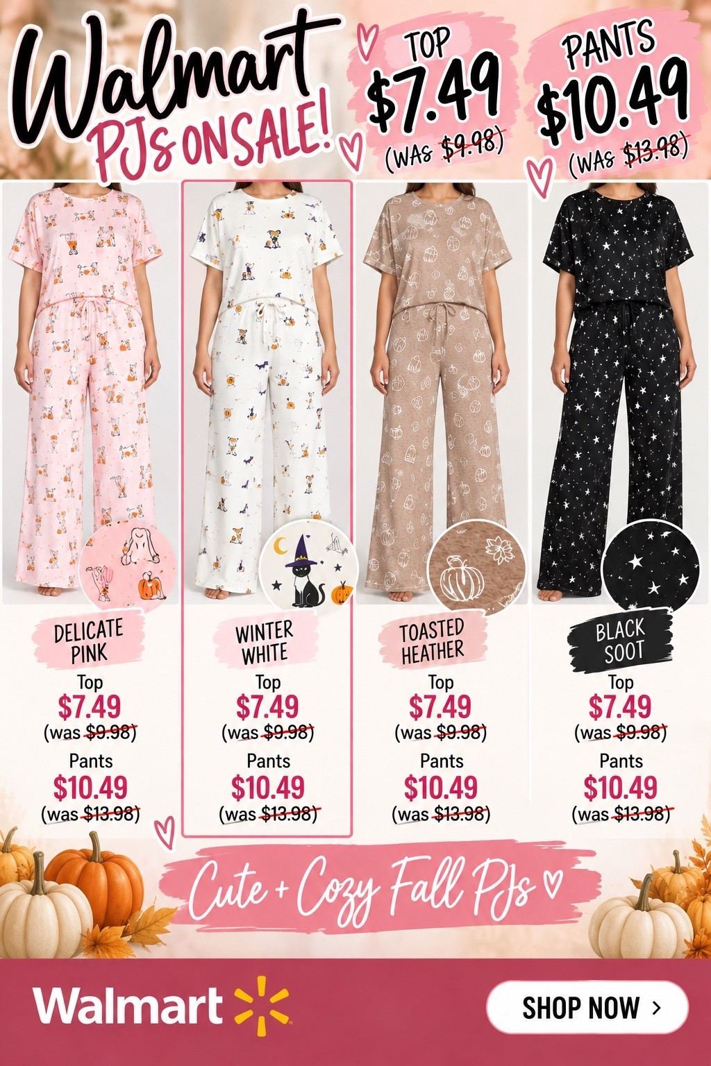 Walmart Halloween PJs are on SALE 🎃💗 These are seriously so soft + cozy and perfect for fall movie nights! The short sleeve tops are only $7.49 and the matching wide leg sleep pants are $10.49 right now. So many cute prints to mix + match pink, Halloween white, toasted heather + black! 🖤

#LTKSaleAlert #LTKSeasonal #LTKstorytime