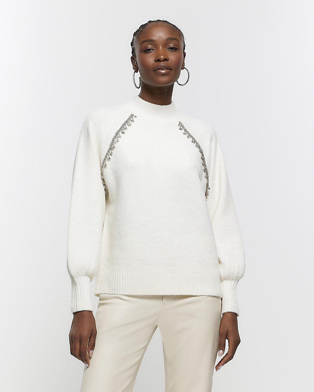 Cream diamante trim cosy jumper | River Island (UK & IE)