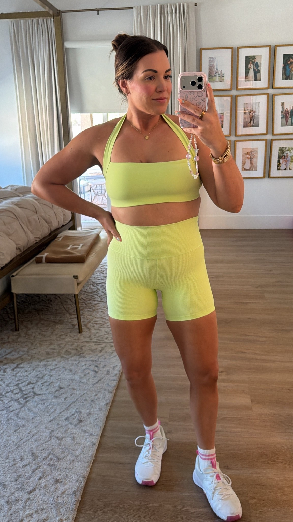 curvy midsize lemon lime green ribbed workout set for summer! wearing size large in halter sports bra and biker shorts 💚

#LTKfitnessgoals #LTKMidsize #LTKActive