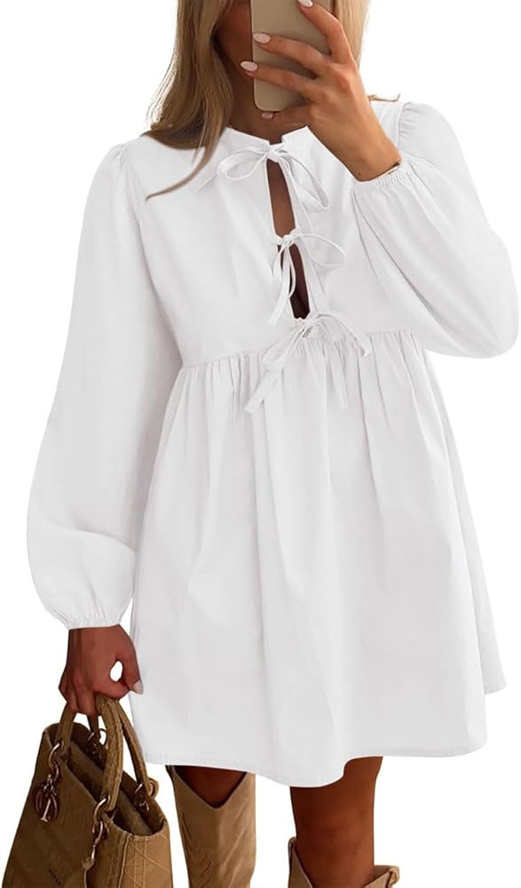 BTFBM Women's 2024 Fall Dresses Long Puff Sleeve Bow Tie Front Y2k Babydoll Peplum A Line Casual ... | Amazon (US)