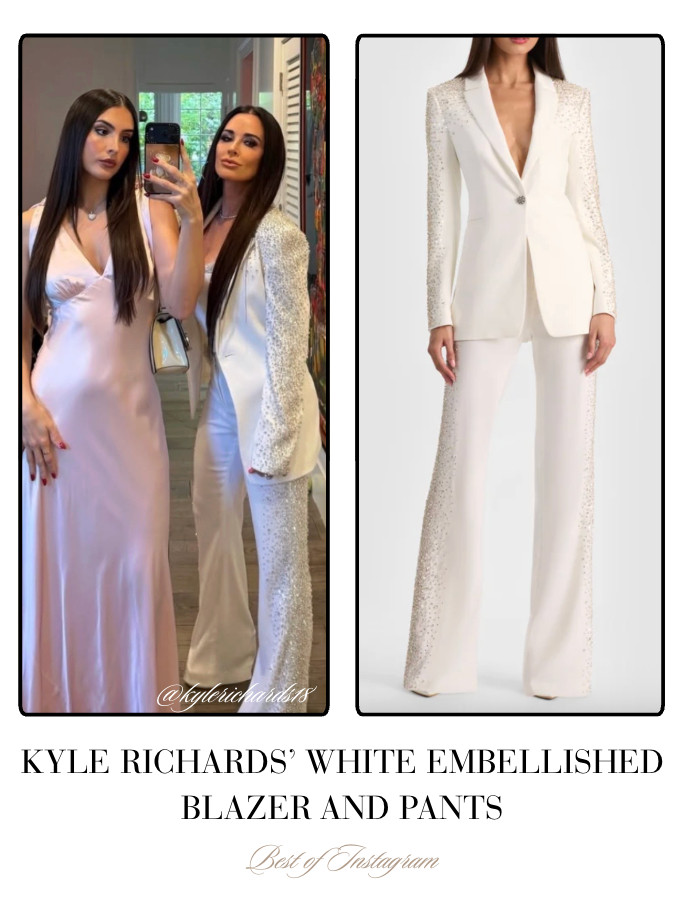 Kyle Richards' White Embellished Blazer and Pants 📸= @kylerichards18 

 