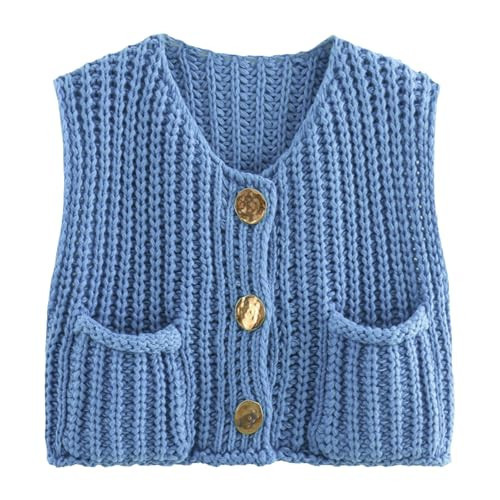 KEOMUD Women's Sleeveless Cropped Knit Cardigan Casual Button Down Sweater Vest Tops with Pockets Lightblue X-Small | Amazon (US)