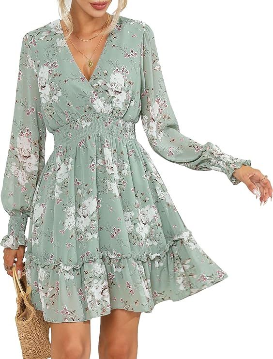Prettywear Women's Floral Boho V Neck Long Sleeve Mini A-Line Dresses 2024 Spring Summer Casual F... | Amazon (US)