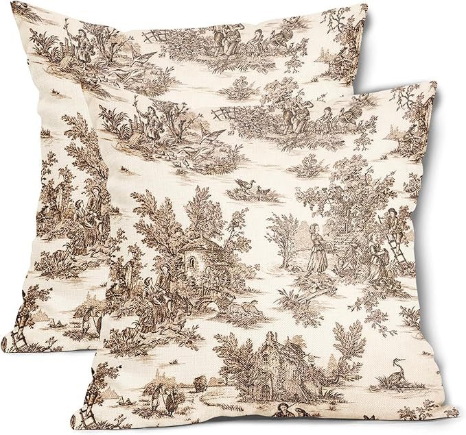 aportt French Country Pillow Covers Set of 2 20x20 Inch Vintage Toile Brown Tan Beige Cotton Line... | Amazon (US)