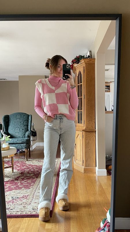 casual outfit of the day for work today. Paired one of my favorite pair of American eagle jeans with this cute pink sweater and checkered sweater vest that match absolutely perfectly. 

#LTKfindsunder50 #LTKstyletip #LTKworkwear
