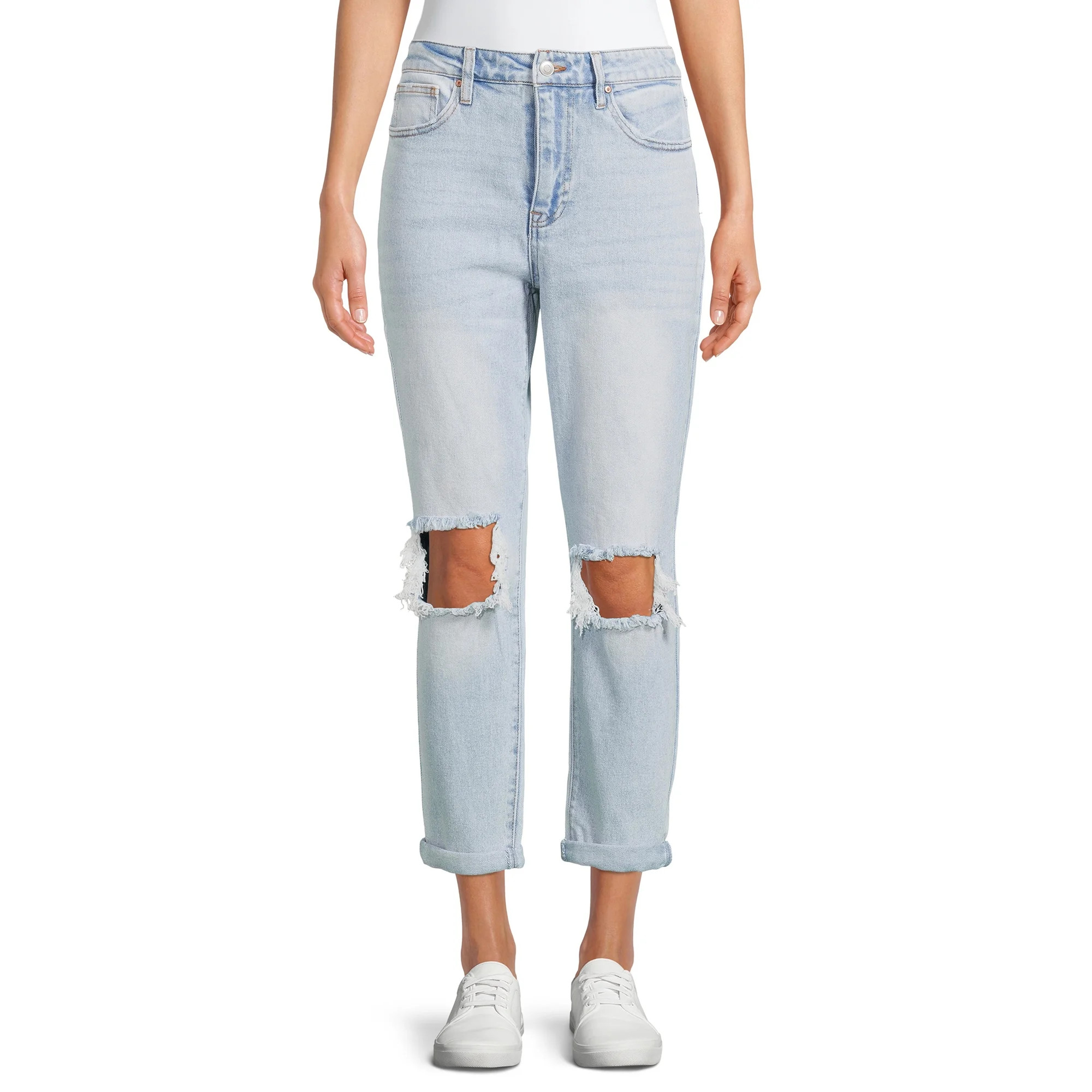 No Boundaries Juniors Super High Rise Destructed Mom Jeans | Walmart (US)