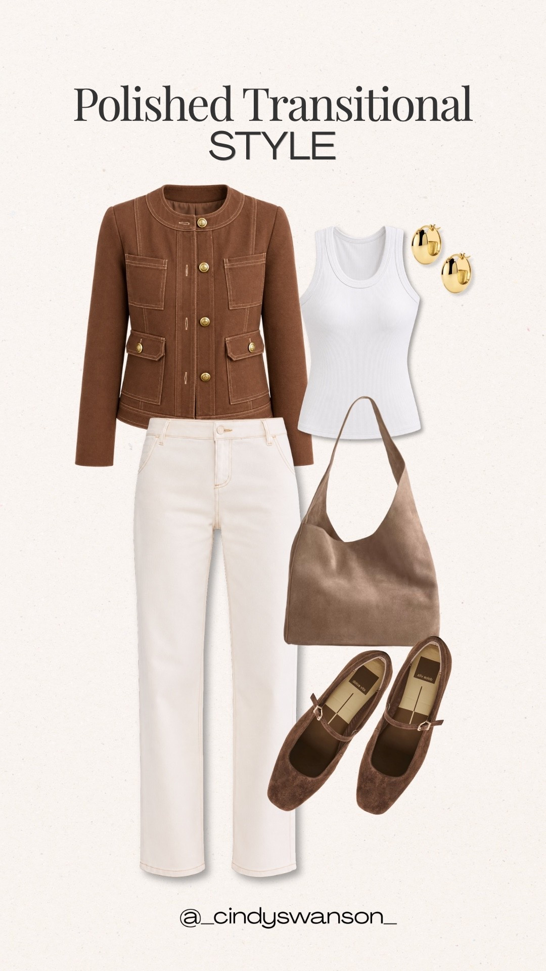 A brown structured jacket instantly makes this classic white-jeans outfit feel polished and perfect for the transition into fall. I love the simple combination of a white ribbed tank, cream jeans, suede Mary Jane flats, and warm neutral accessories.