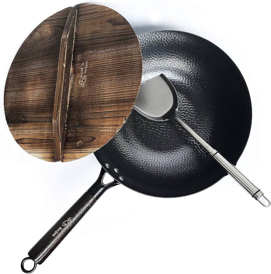 12.5 Inch Carbon Steel Wok For Electric, Induction and Gas Stoves (Lid, Spatula and User Guide Vi... | Amazon (US)