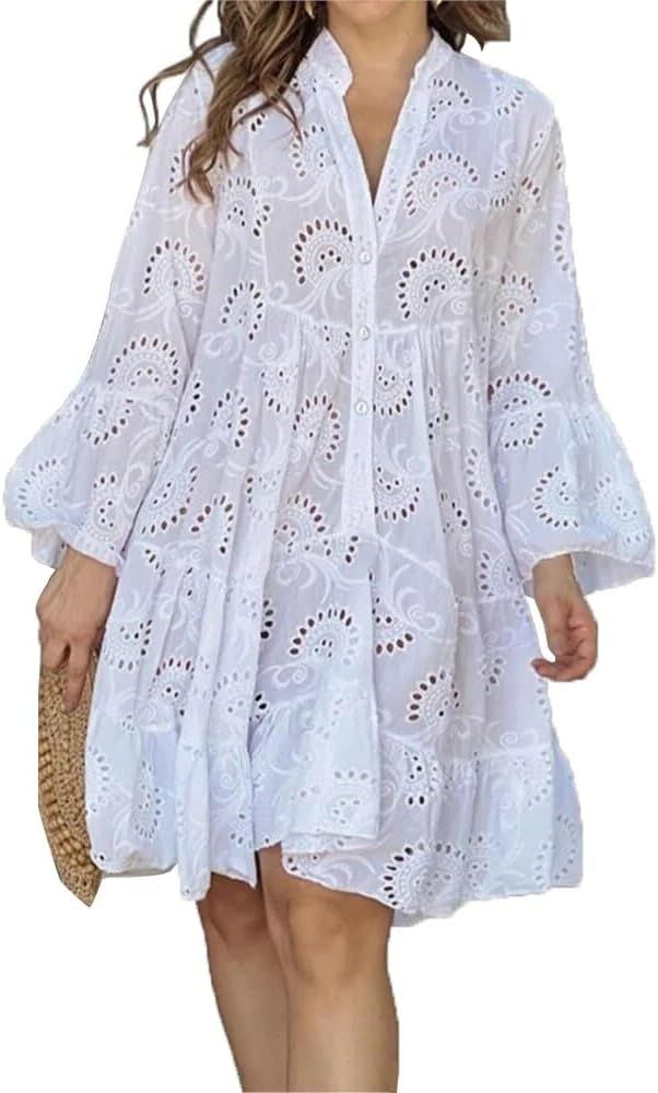 FENGQIYUNHAI Hollow Elegant Dresses for Women Solid V Neck Flared Sleeve Vintage Cocktail Dresses... | Amazon (US)