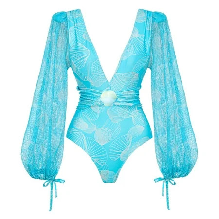 Flaxmaker Women One Piece SwimsuitMesh Splicing Long-sleeved Shell Print Bathing Suit Two pieces Swimwear Set | Walmart (US)
