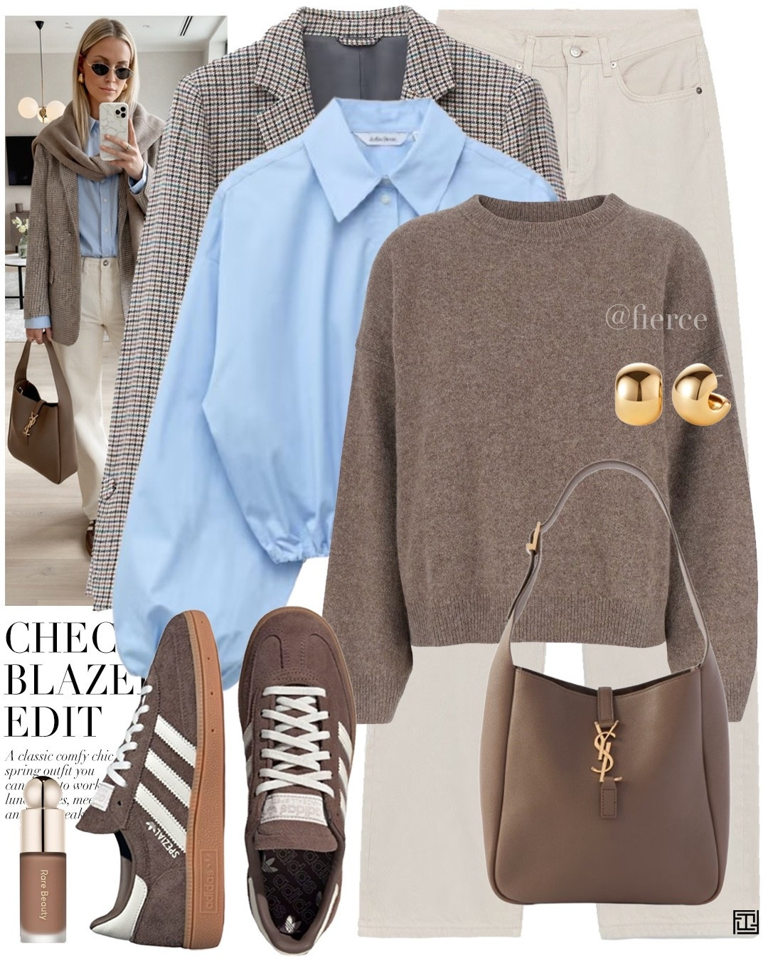 Taupe beige jumper cream jeans blue ruched drawstring shirt suede adidas spezial sneakers Ysl LE 5 À 7 supple small bag 

#LTKeurope #LTKspring #LTKuk