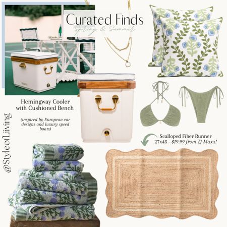 Cooler bench with cushioned lid, scalloped edge jute rug, towels from Anthropologie, throw pillow covers, sage color bikini, necklaces.

#LTKHome #LTKSwim #LTKParties