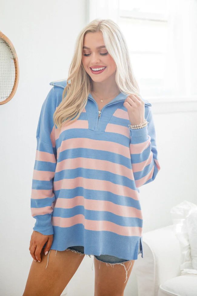 Pulling Heartstrings Blue and Coral Striped Quarter Zip Pullover | Pink Lily