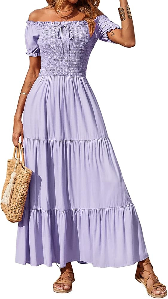 BTFBM Women Off Shoulder Summer Casual Dresses Short Sleeve Smocked High Waist Cute Swing Pleated Lo | Amazon (US)