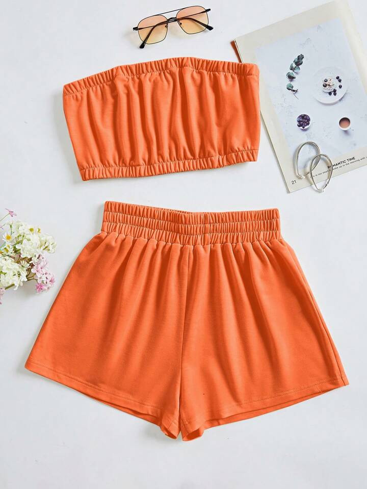 SHEIN EZwear Solid Tube Top & Shorts | SHEIN