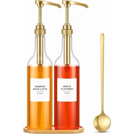 2 Pack Coffee Syrup Dispenser for Coffee Bar 25.4 oz 750ml Plastic Syrup Dispenser Bottles with Bamboo Tray Pumps Scoop and Labels for Kitchen Bar Accessories | Walmart (US)