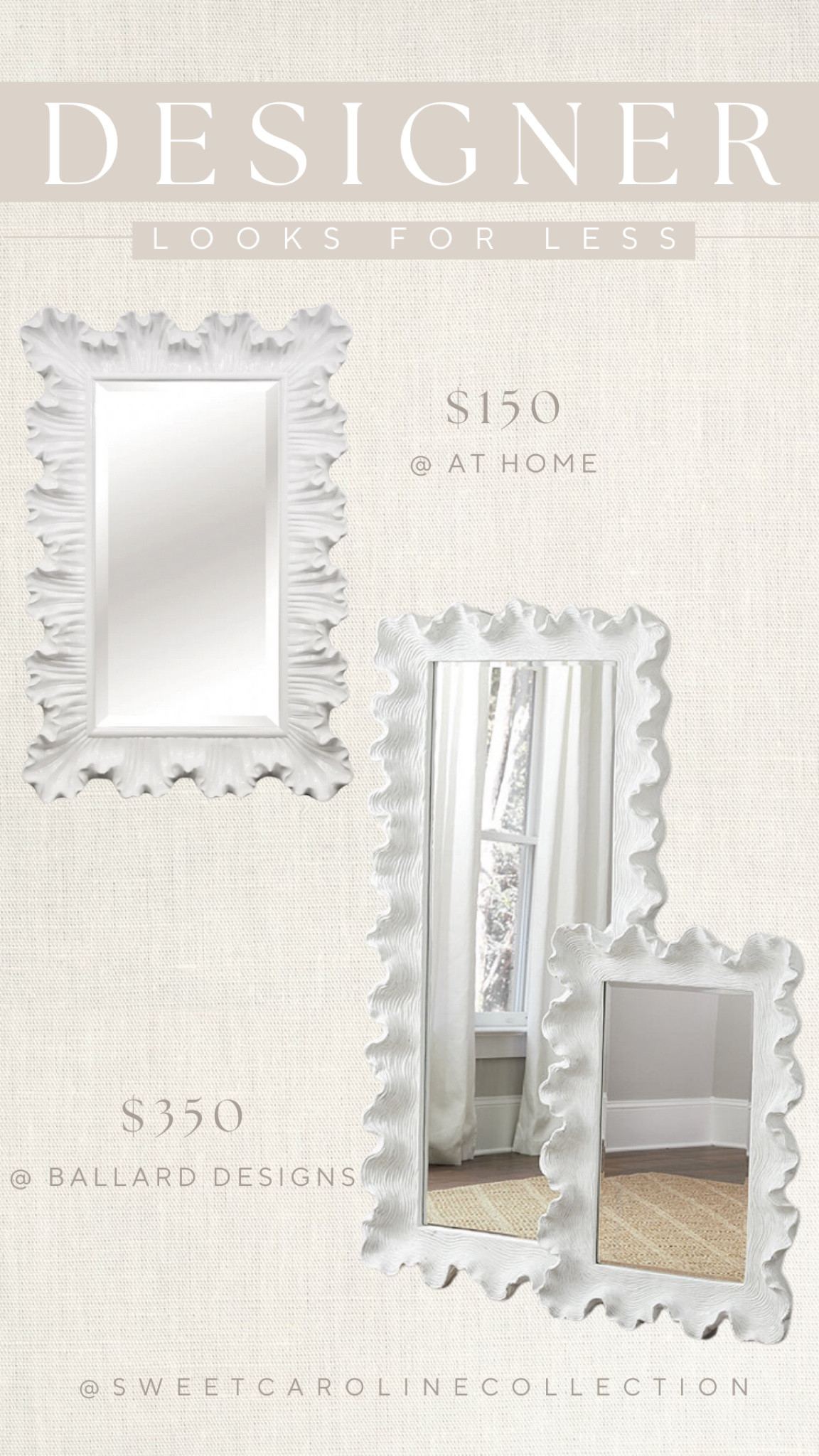 Designer looks for less 🤍🪞

Designer, dupe, Ballard designs, home, interior design, home decor, interior decor, Amazon, wayfair, bed bath and beyond, west elm, pottery barn, CB2, home goods, pillow, mirror, chess set, chain link, lamp, target, Serena and Lily, ribbed bowl, marble bowl, coffee table, living room, at home, scout and nimble, joss & main, lulu and Georgia, Williams Sonoma, arhaus, console table, zebra pillow, marble chess set, kohls, coterie, accent pillow, throw pillow, perigold, houzz, world market, swivel chair, table lamp, threshold, studio McGee, Kirkland, uttermost, ceramic lamp, terra cotta, visual comfort & Co., designer dupe, home style, under 500, under 400, under 300, under 200, under 100, under 50, sale, style, seasonal, trending, must have, best seller, new arrival, gift guide, gift idea, gifts for her, Mother’s Day gift, home gift, house warming gift, sale alert, trendy, top seller, sweet Caroline collection, sweet Caroline interiors

#LTKhome