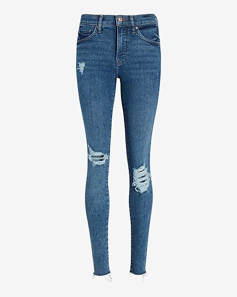 Mid Rise Dark Wash Ripped Raw Hem Skinny Jeans | Express