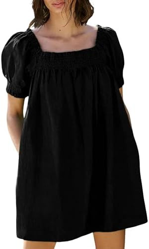 Huaqiao Womens Summer Mini Dress 2026 A-Line Square Neck Puff Sleeve Beach Sundress Casual Short ... | Amazon (US)
