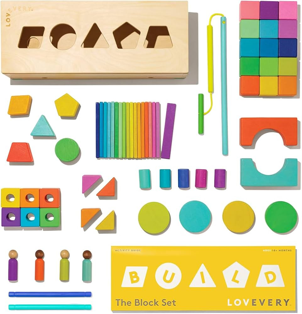 LOVEVERY | The Block Set | Solid Wood Building Blocks and Shapes + Wooden Storage Box, 70 Pieces,... | Amazon (US)