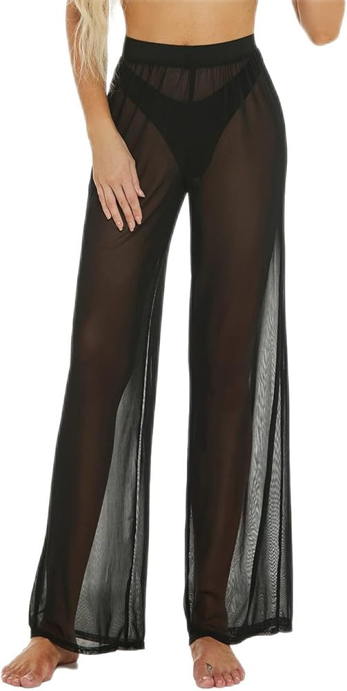 RUEWEY Women See Throug Mesh Flare Cover up Pants Swimsuit Bikini Bottom Cover up Elastic Waist W... | Amazon (US)
