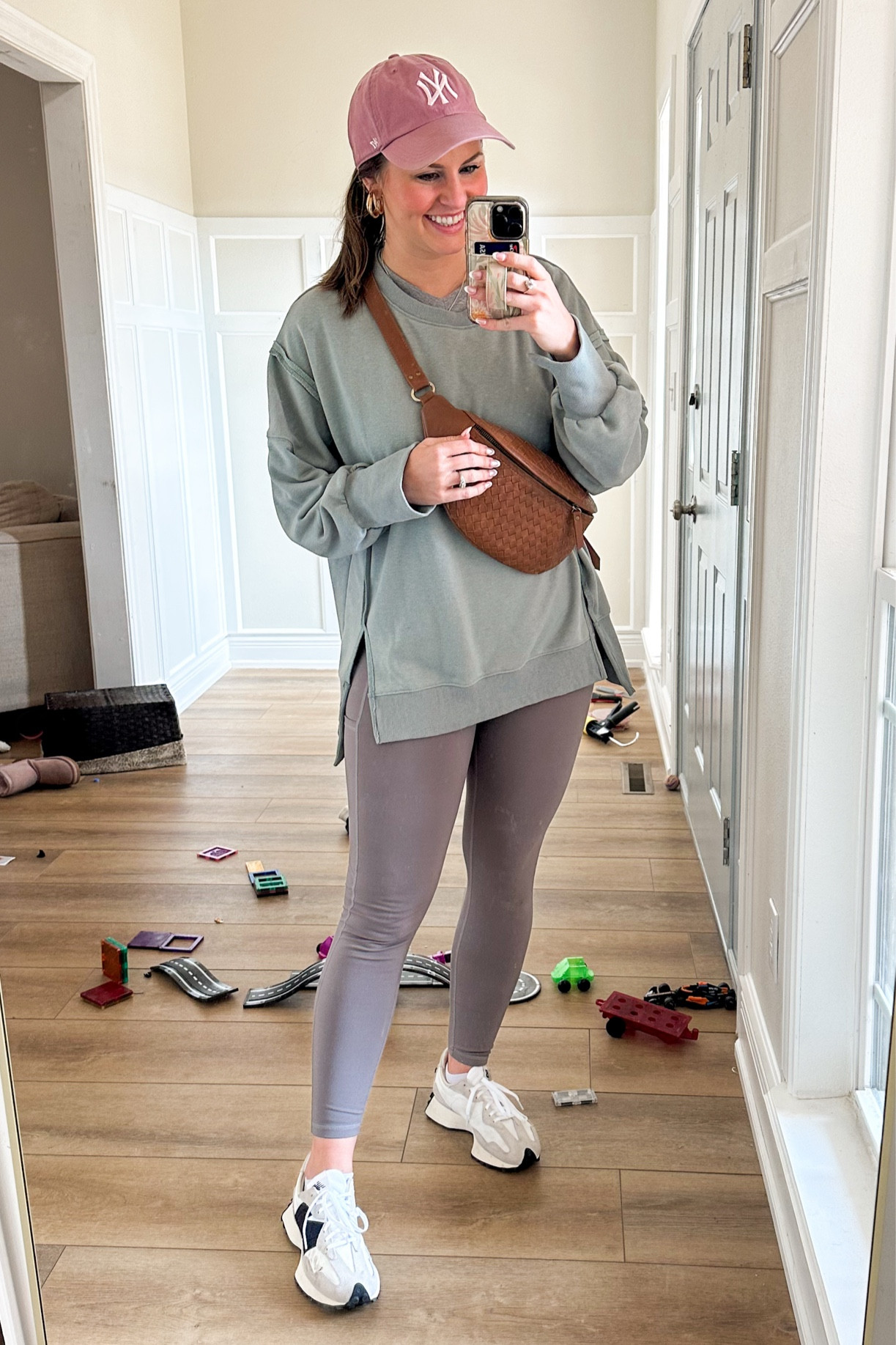 Easy casual everyday mom outfit! All from Amazon. Wearing size M in aerie inspired pullover and grey leggings. Perfect for workouts or for everyday! Leather crossbody Bag is from Mandrn (not yet on LTK). Styled it with my fave new balance sneakers. 

#LTKSeasonal #LTKWatchNow #LTKActive