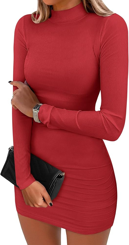 ANRABESS Women Long Sleeve Mock Neck Bodycon Mini Dress 2025 Fall Ribbed Slim Fit Pencil Cocktail... | Amazon (US)