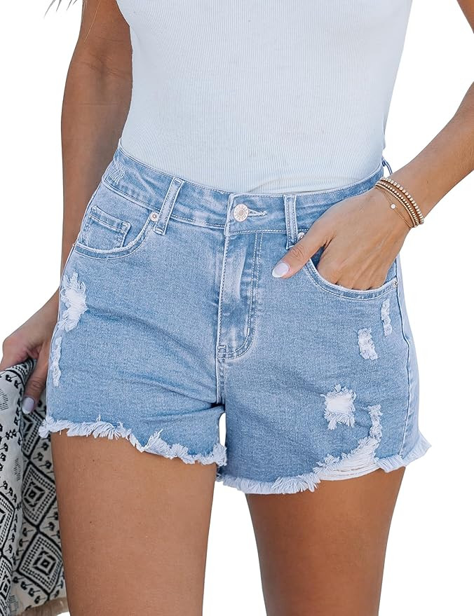 luvamia Jean Shorts for Women High Waisted Stretchy Distressed Denim Shorts Ripped Frayed Raw Hem... | Amazon (US)