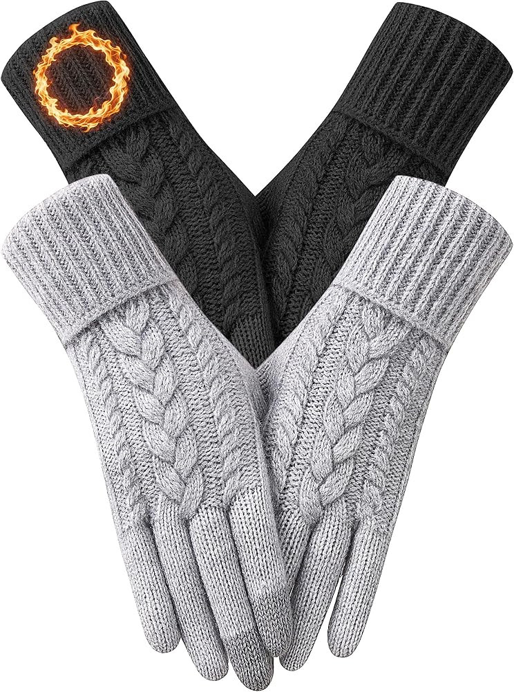2 Pairs Winter Gloves for Women Cold Weather, Touch Screen Thermal Warm Fleece Lined Knit Gloves ... | Amazon (US)