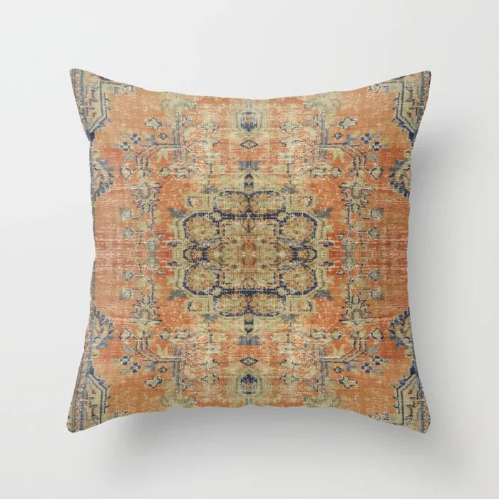 Vintage Woven Coral and Blue Kilim Throw Pillow by jenniferrizzo | Society6