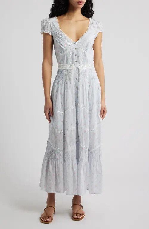 LoveShackFancy Aurela Lace Trim Pintuck Tiered Maxi Dress in Chapparal Blue at Nordstrom, Size 6 | Nordstrom