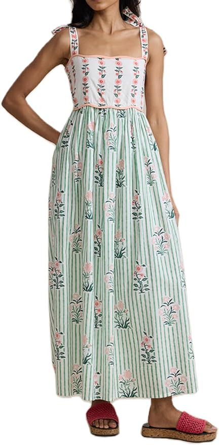 Women Boho Floral Maxi Dress Tie Shoulder Smocked Tiered Midi Dress Flowy Striped Color Block Swi... | Amazon (US)