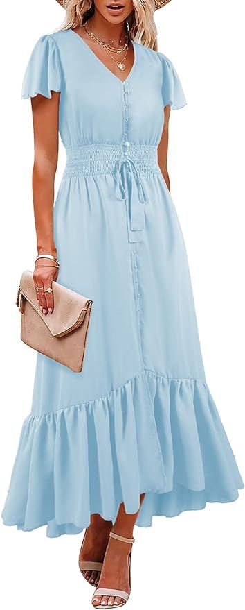 Linsery Women's Boho Short Sleeve V-Neck High Low Chiffon Flowy Party Long Maxi Dress | Amazon (US)